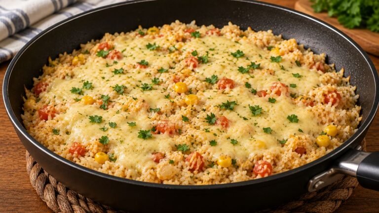 Arroz de frigideira com ovo, queijo derretido, tomate e milho