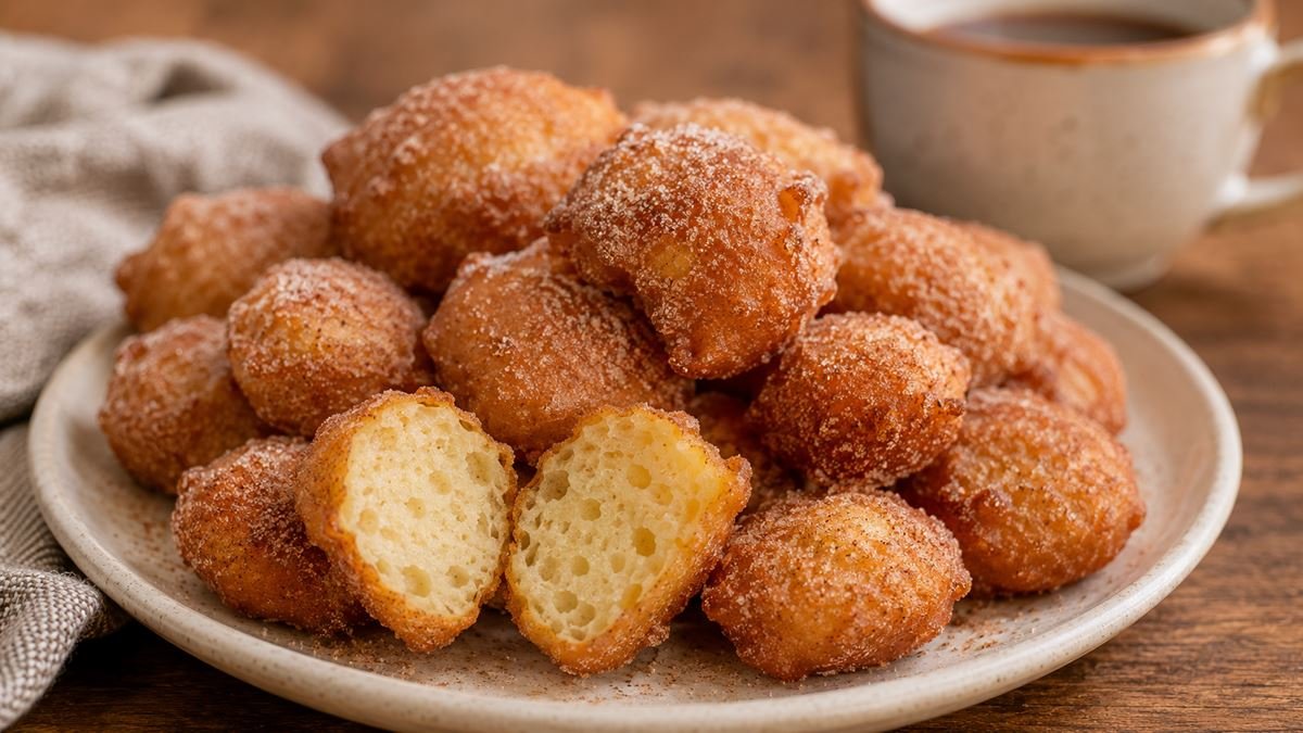 Bolinhos de chuva simples e sequinhos cobertos com açúcar e canela