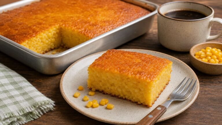 Bolo de milho de liquidificador cortado, com superfície dourada e interior cremoso