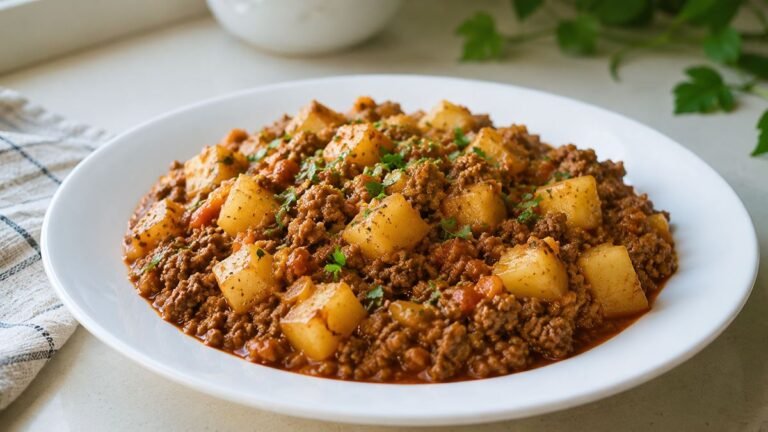 Carne moída com batata em cubos e molho caseiro servida em prato branco