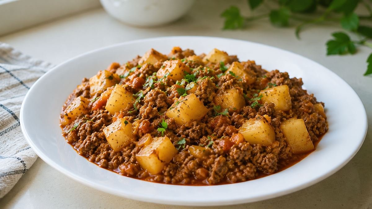 Carne moída com batata em cubos e molho caseiro servida em prato branco