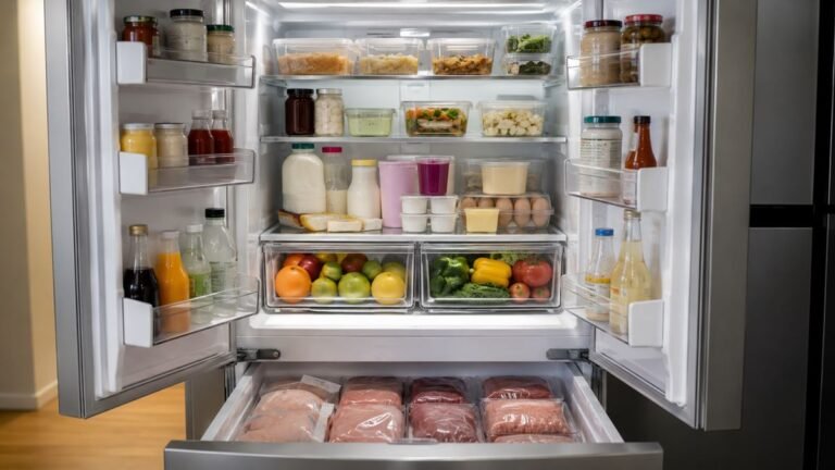 Geladeira organizada com alimentos armazenados em recipientes fechados