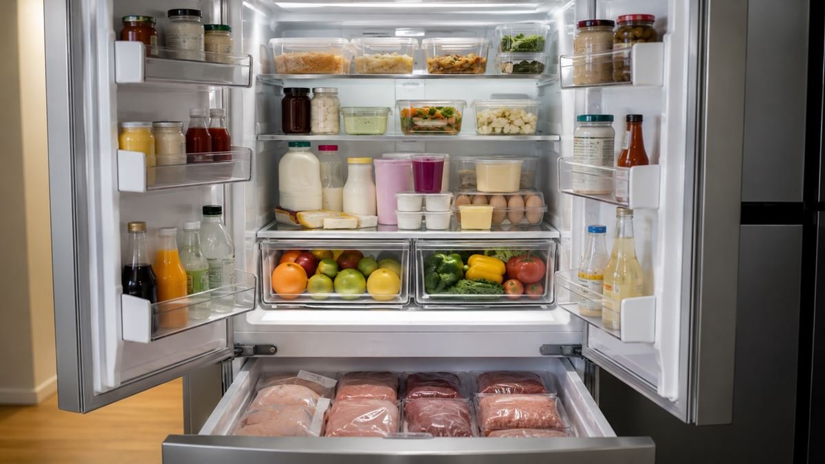 Geladeira organizada com alimentos armazenados em recipientes fechados
