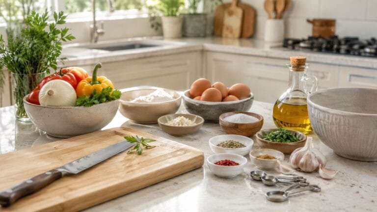 Ingredientes organizados em recipientes antes do preparo de uma receita
