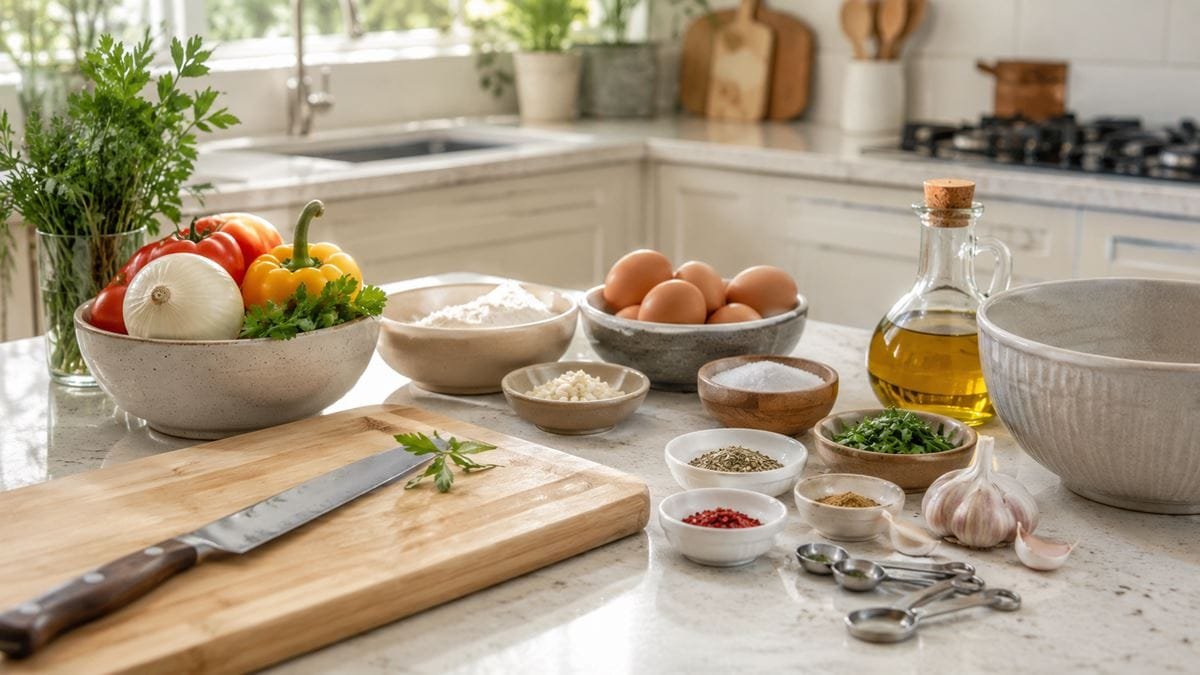 Ingredientes organizados em recipientes antes do preparo de uma receita