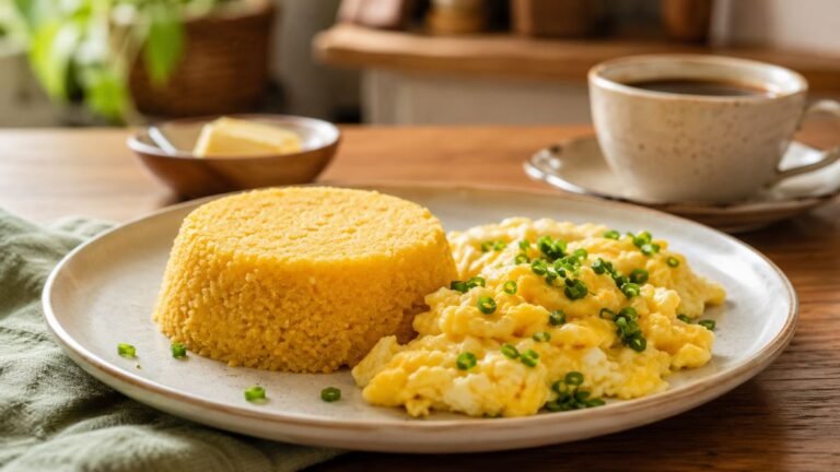 Cuscuz com ovo simples e rápido servido no café da manhã