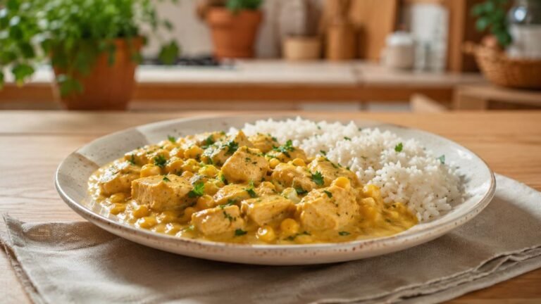 Frango cremoso com milho fácil servido com arroz branco