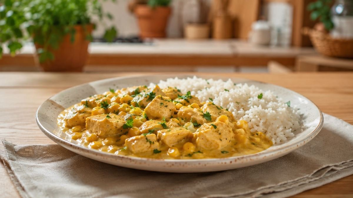 Frango cremoso com milho fácil servido com arroz branco
