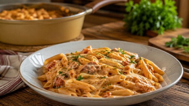 Macarrão cremoso de uma panela só servido em prato fundo