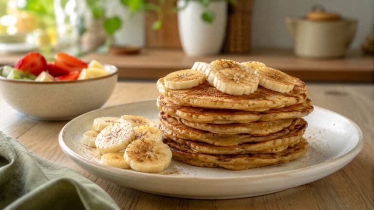 Panqueca de banana com aveia fácil servida com banana fatiada