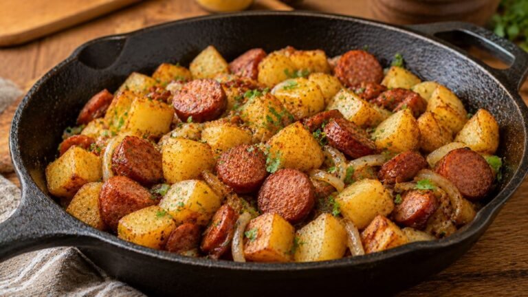 Batata com calabresa dourada preparada na frigideira
