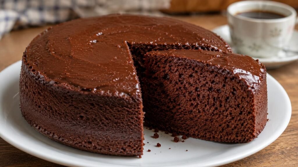 Bolo de chocolate simples e fofinho cortado em fatias