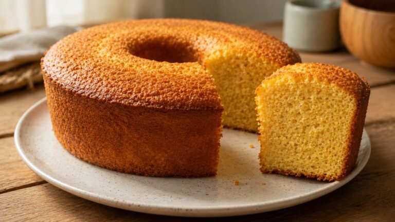 Bolo de fubá simples cortado em fatias, com massa amarela e fofinha