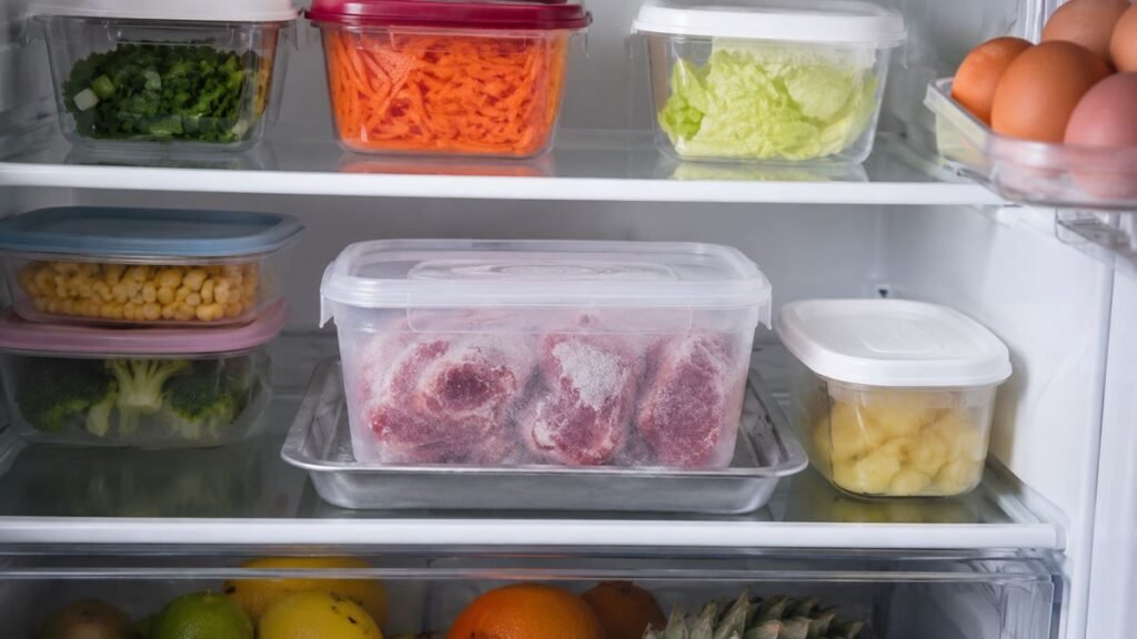 Alimentos congelados sendo descongelados corretamente na geladeira