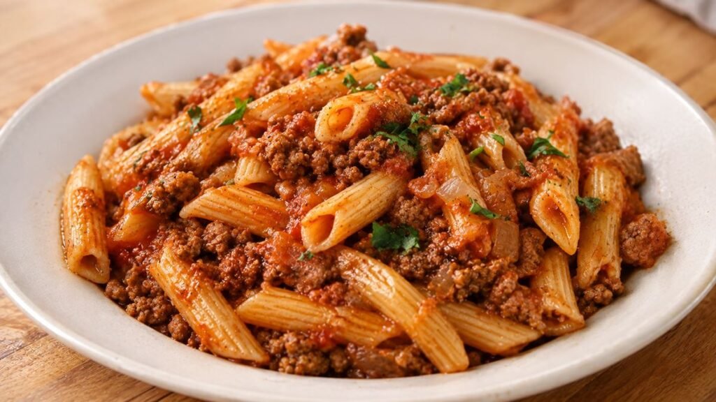 Macarrão com carne moída e molho de tomate servido em prato