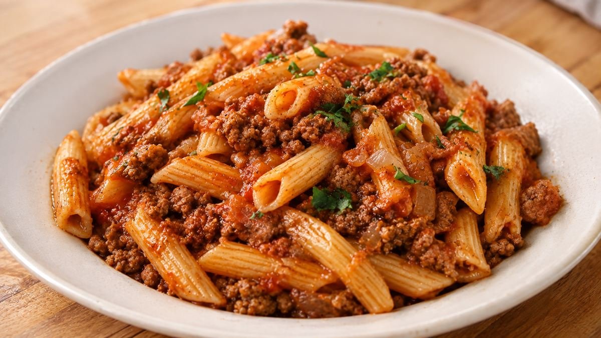 Macarrão com carne moída e molho de tomate servido em prato
