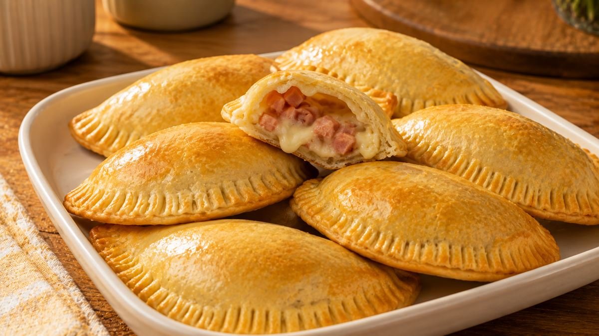 Pastéis de forno dourados recheados com presunto e queijo